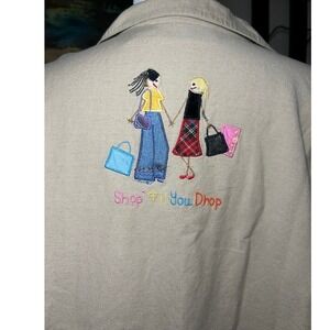 Lemon Grass Embroidery Khaki Button Up Shirt Women "Shop Til You Drop"